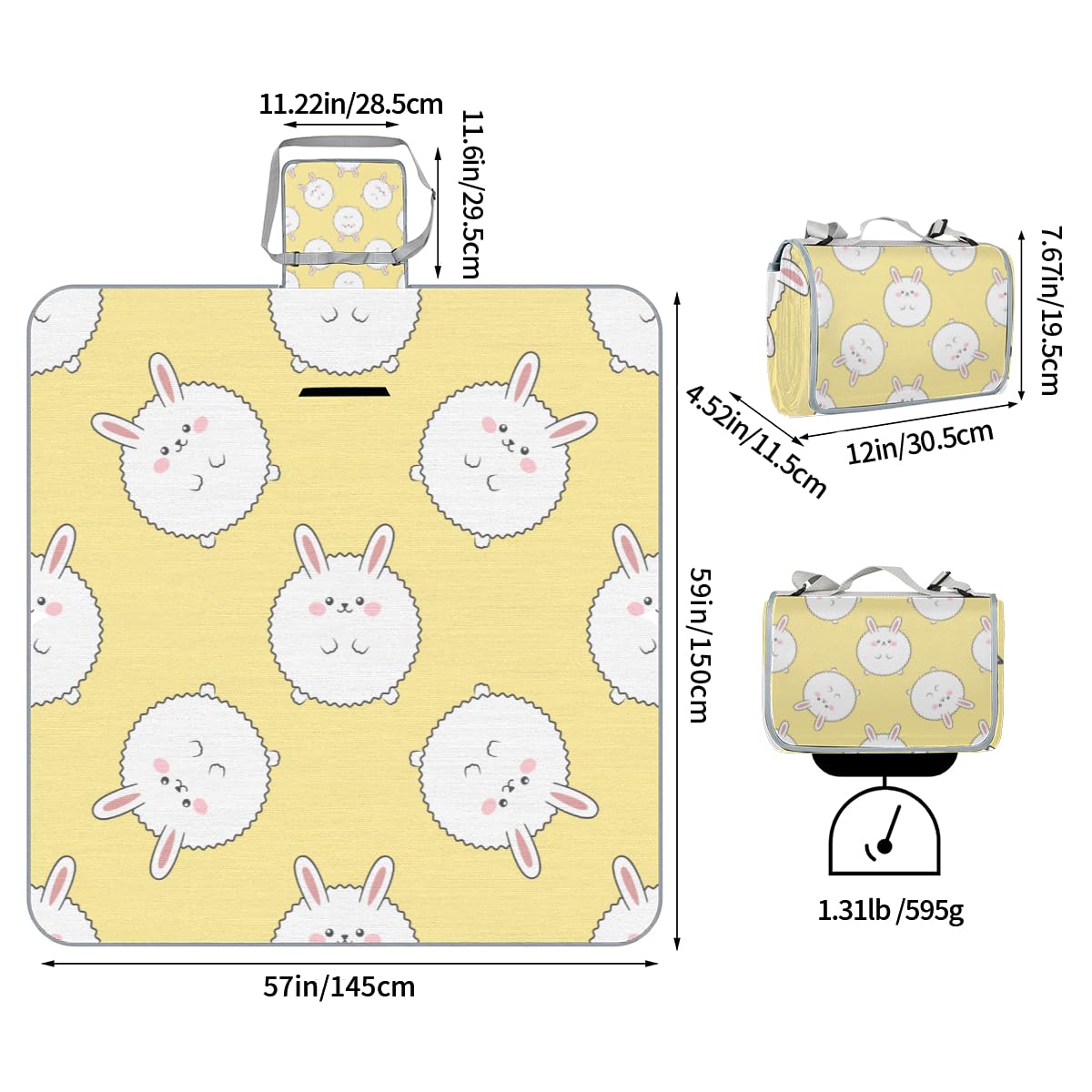 Shimoshe Picnic Blankets 57”x 59”, Cartoon Bunny Waterproof Sandproof Picnic Mat Lightweight Foldable Beach Blanket for Camping Park Grass Beach Outdoor Blanket