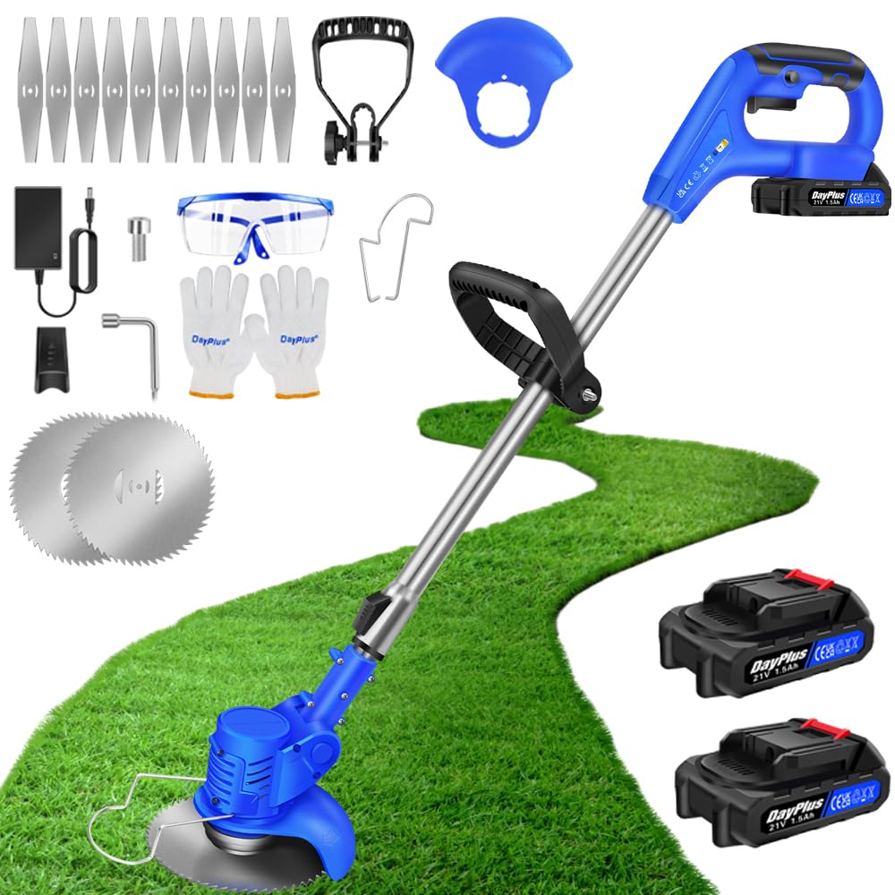 Desbrozadora eléctrica con batería de 21 V, batería eléctrica, desbrozadora con 2 baterías, cuchillo de metal, recortador eléctrico, para jardín, césped, malas hierbas, fresadora de bordes de jardín
