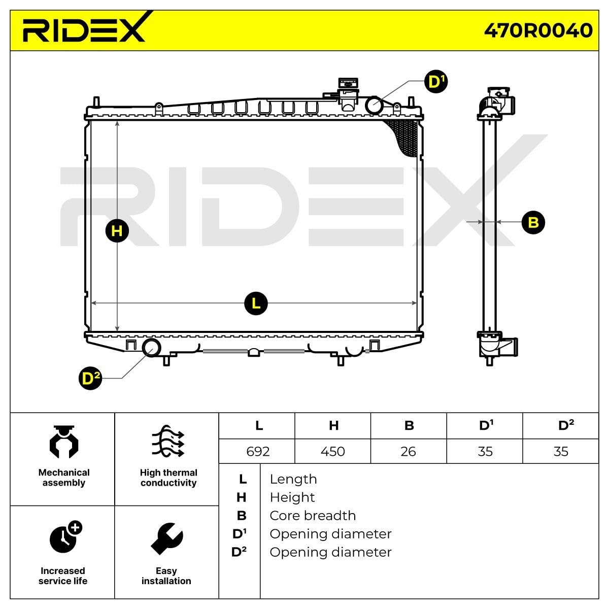 RIDEX 470R0040 Radiador refrigeración del motor Compatible con NISSAN NAVARA D22