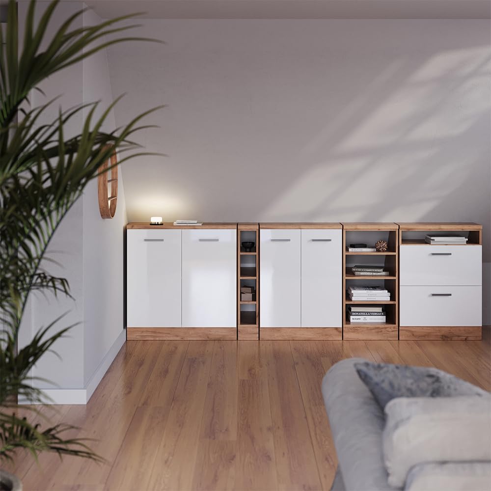 Vicco Küchenschrank für Dachschrägen R-Line, Weiß Hochglanz, 140 cm | 2er Set Schrankkorpuss 60 cm Tiefe, geeignet für schräge Wände und variable Küchenmontage