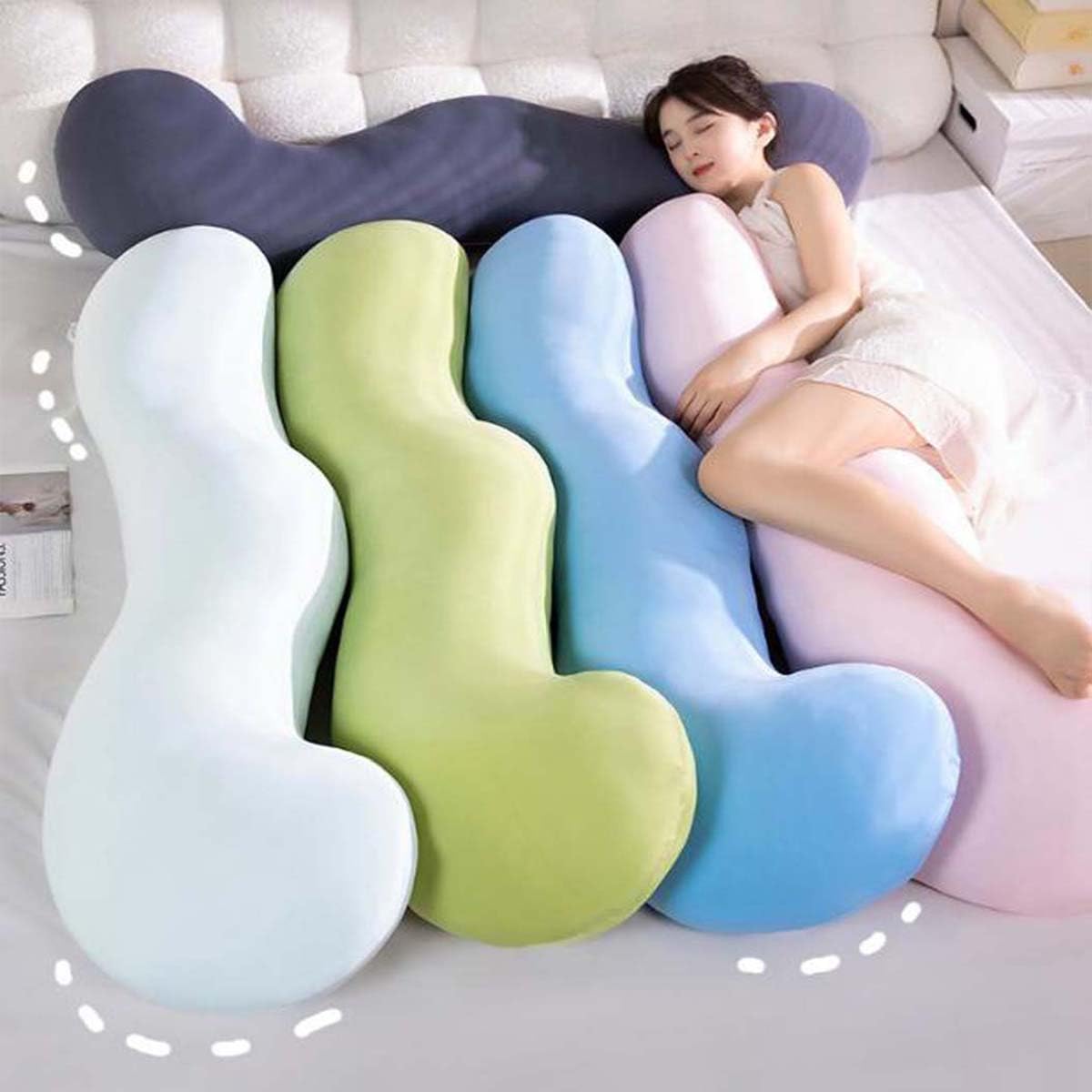 Cosy Pea Pod Body Pillow for Adults, Double Wave Curve Side Sleeper Pillow, Ice Silk Cooling Removable Cover, Comfort & Targeted Support for Deep Uninterrupted Sleep (150cm/59inch,Duck Egg Blue)