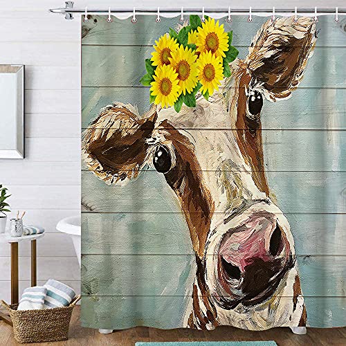 Rideau de douche animal vache marron et blanc rideau de douche fleur jaune tournesol avec crochets ensemble Rideau de douche imprimé 3D imperméable - 150 x 180 cm Cover