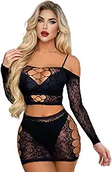 Conjunto de lingerie feminina sexy arrastão babydoll body top cropped saia plus size conjunto de lingerie de malha roupa de dormir roupa de clube, Preto, Tamanho Único