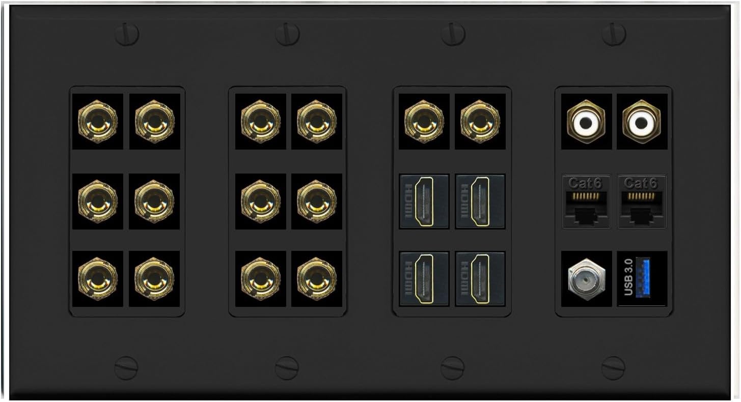 RiteAV 7.2 Surround Sound 7 Speaker 14 Banana Plug Jack Wall Plate w/ 2 RCA Subwoofer + 4 HDMI Coax + 2 x Cat6 1 x USB Jacks - 4 Gang [White]