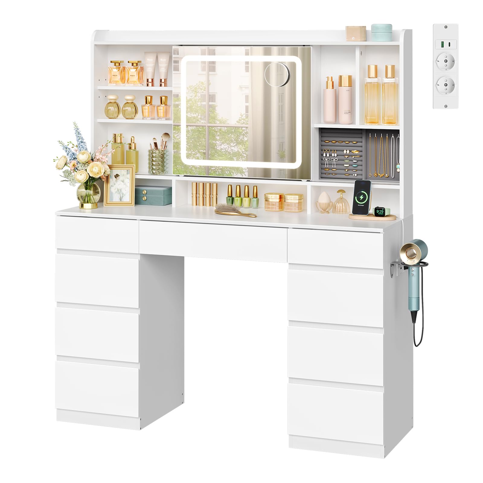 WOLTU Dressing Table with Sliding Mirror, LED Lights and Power Strip Makeup Vanity Table with 9 Drawers and Various Storage Options, White Vanity Desk for Bedroom Dressing Room
