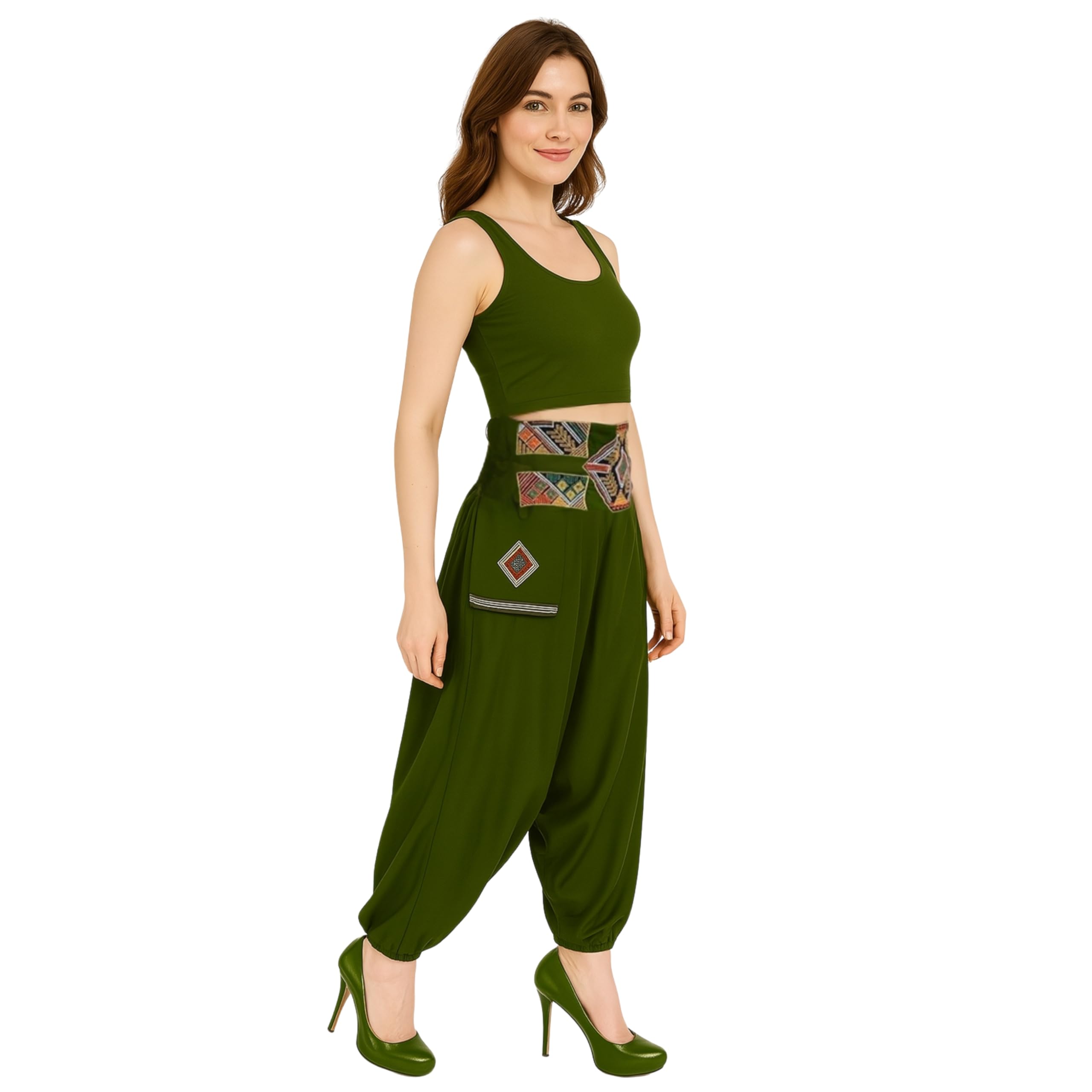 LUJOSO Harem Pants for Women | Stylish Afghani Salwar | Women's Rayon Fabric Pants Loose Fit for Yoga & Dancing | Waist Size 22 to 42 Inches, Free Size (in, Alpha, M, Regular, Green) 2