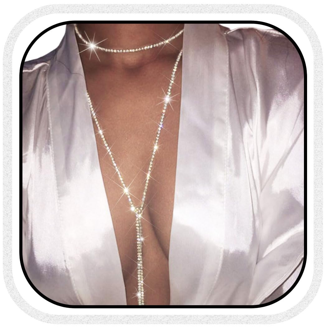 Nicute Rhinestone Long Necklace Jewelry Sparkly Crystal Choker Necklaces Sexy Beach Necklace Chain for Women