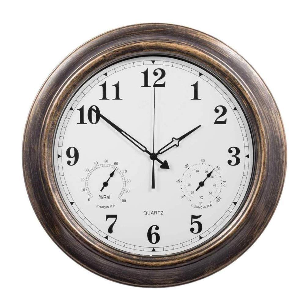 Zewnętrzny zegar ścienny, metalowy zegar ścienny retro, wodoodporny zegar ogrodowy z termometrem i higrometrem, odpowiedni do salonu, łazienki, basenu, 45 cm