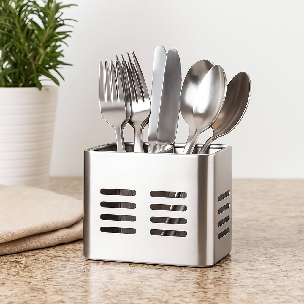 Portautensili Rettangolare da Cucina - Contenitore Portaposate in Acciaio - Scolaposate - Portapenne Metallico - 16 x 9 cm