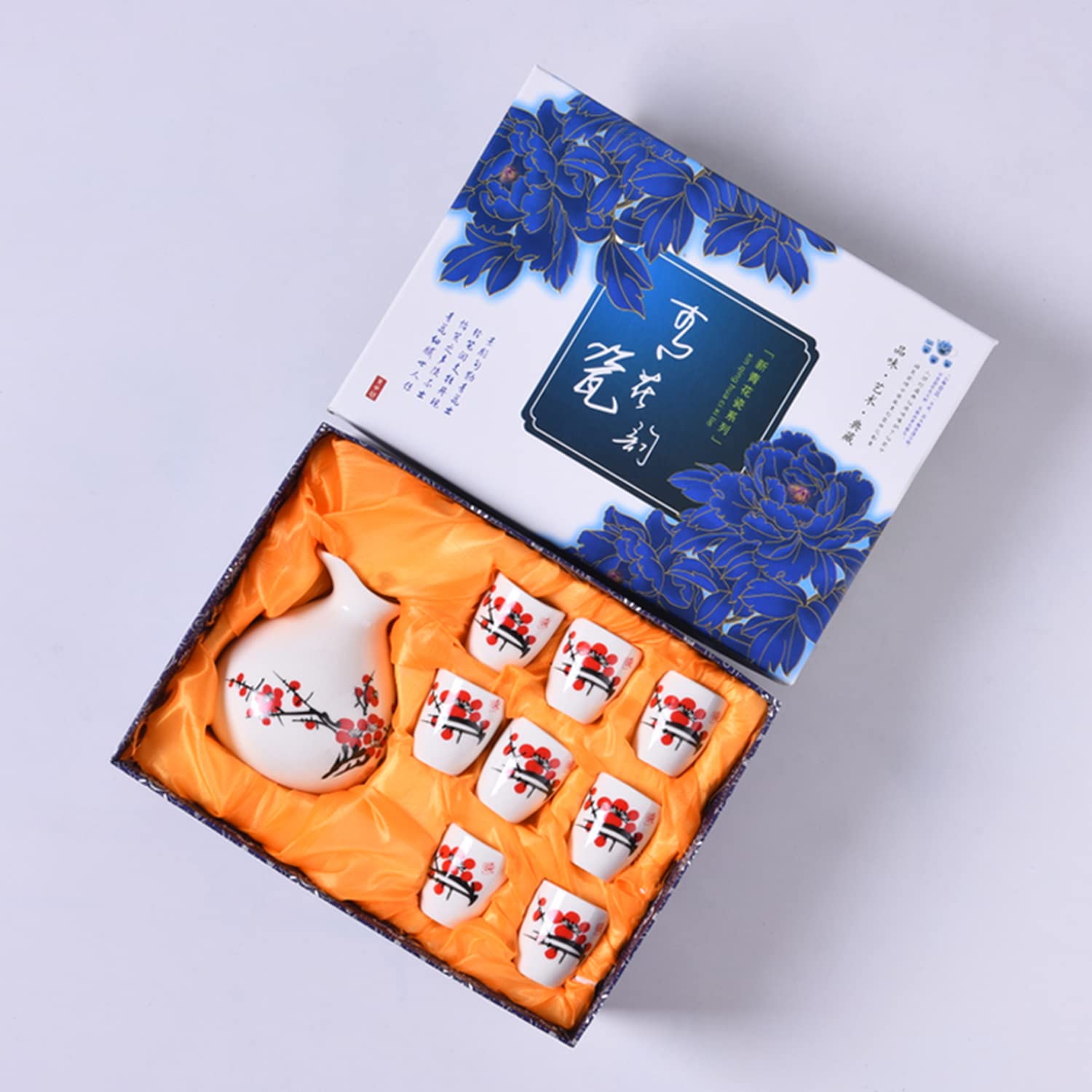 Set da 9 pezzi per sake, motivo a fiori di pruno rosso dipinto a mano Set tradizionale di tazze per sake in ceramica retrò, con 1 vaso per sake e 8 tazze per sake, design elegante Miglior regalo per