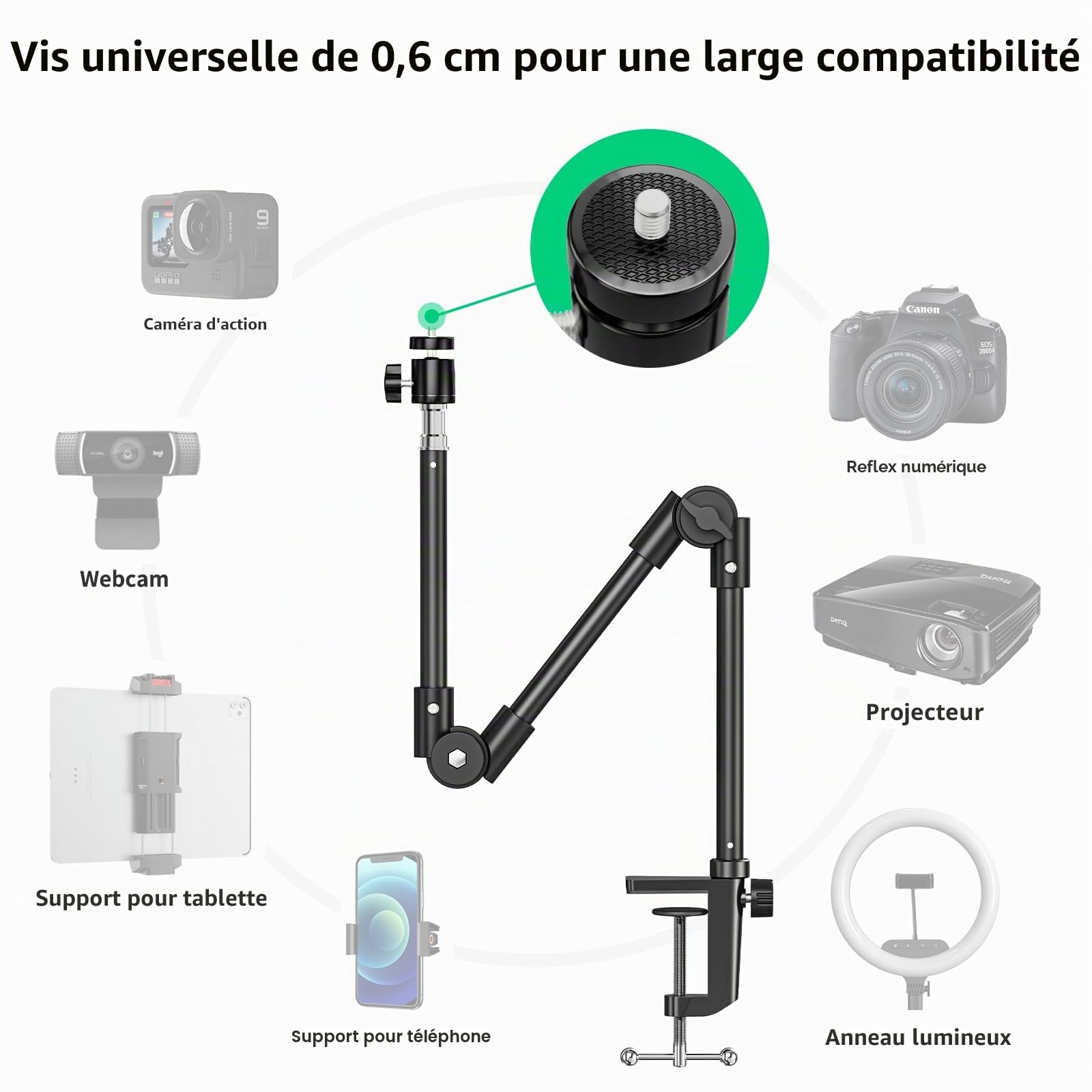 KDD Support Webcam avec Support Téléphone & Vis 5/8” 22" Support Videoprojecteur Flexible, Pied Micro de Bureau Col de Cygne pour Logitech C922 C615 Brio 4K GoPro Hero Blue Yeti Snowball Ice, etc.