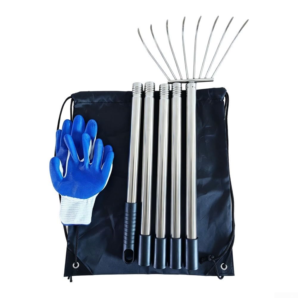Rastrillo de jardín de 8 dientes con mango extensible, acero inoxidable (L | Acero resistente al óxido, mango ajustable, incluye guantes y bolsa, ideal para desmalezar, aflojar el suelo, recoger hojas