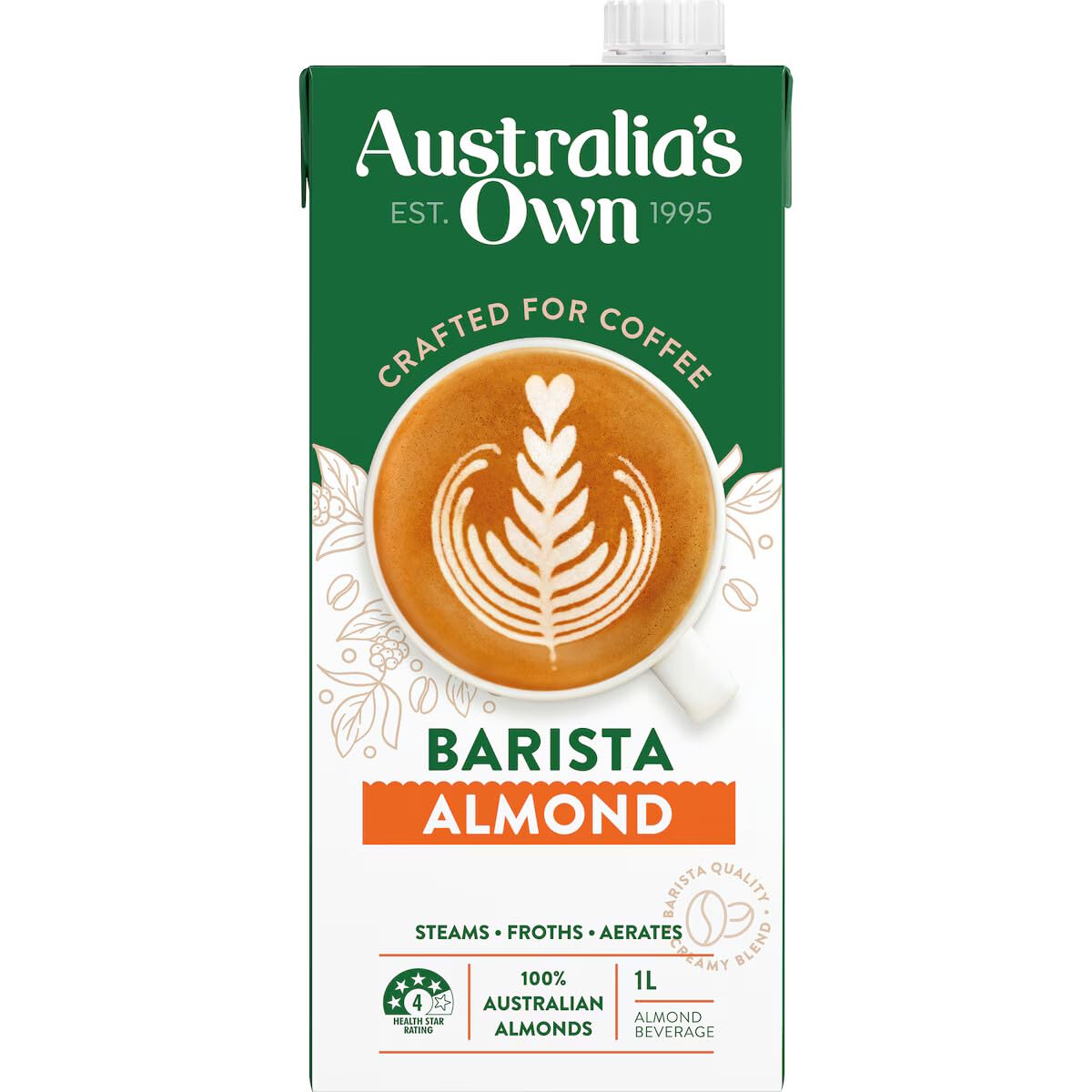 Australia's Own Barista Dairy Free Vegan Almond Milk for Coffee Latte & Espresso, 1 Litre (Pack of 8) - 8 l (Pack of 1)