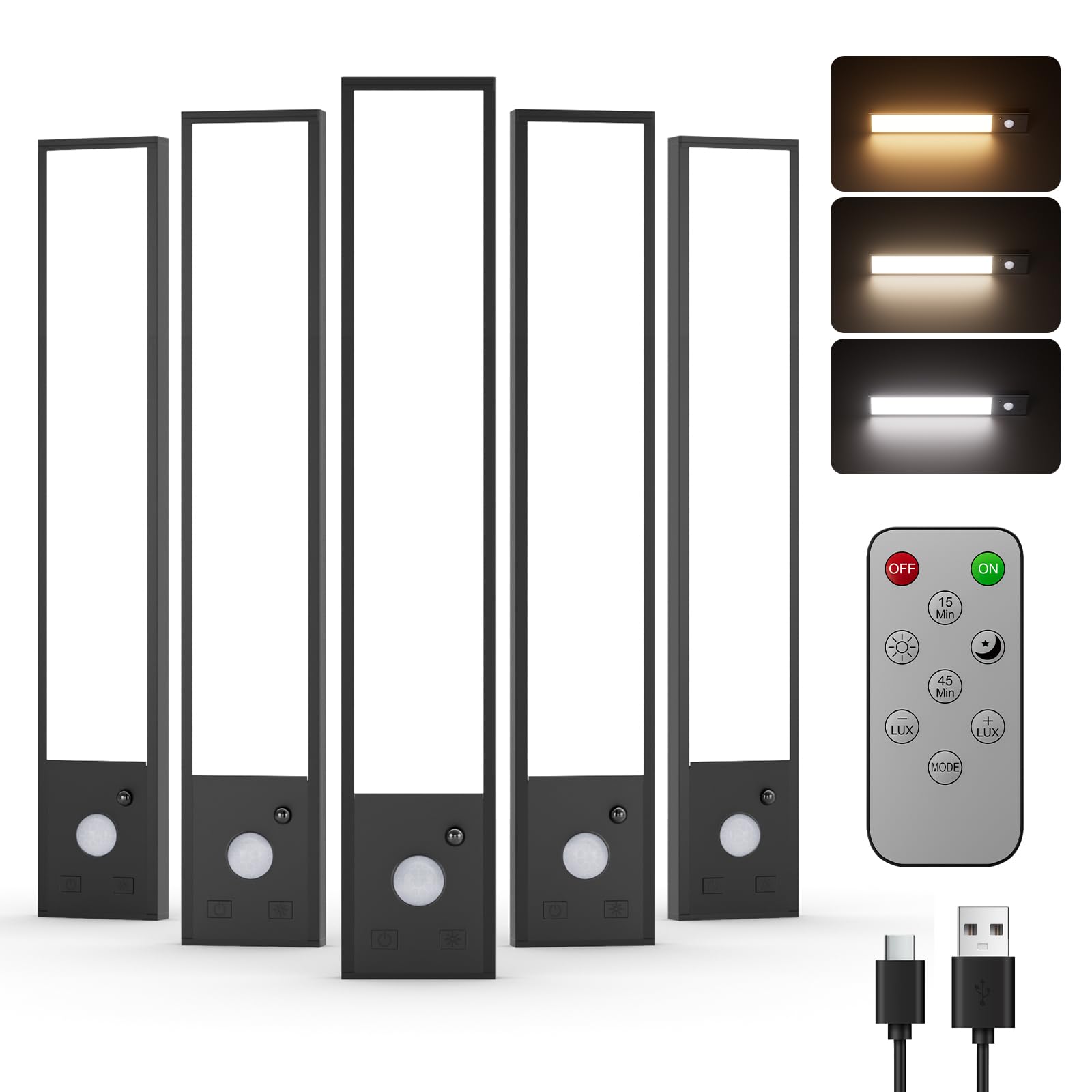 Iluminación debajo del gabinete, 70 luces LED con sensor de movimiento para interiores, paquete de 3 magnéticas regulables para armario,recargables que funcionan con pilas