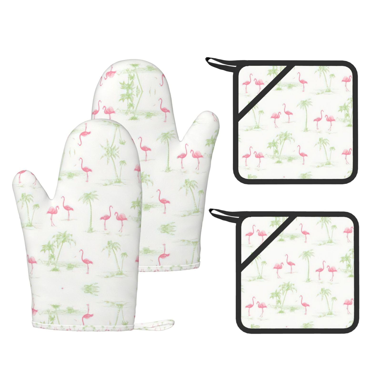 Pink Flamingos Printed Oven Mitts and Pot Holders Set of 4, Heat Resistant Silicone Gloves for Baking Grilling