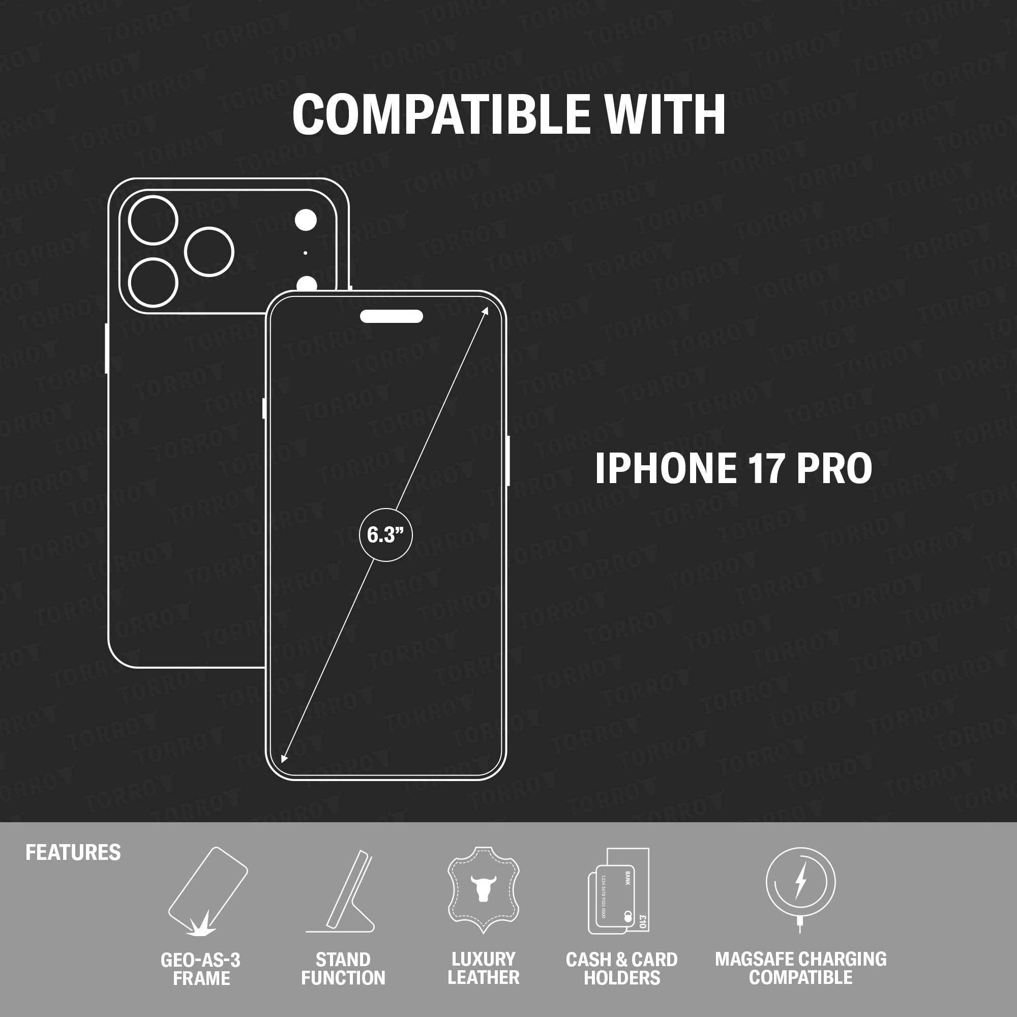 TORRO Hülle kompatibel mit iPhone 17 Pro 6.3" 2025 - Echt Leder Hülle mit Standfunktion und Kartenfächern (kompatibel mit Offiziellen MagSafe-Ladegeräten) - Schwarz