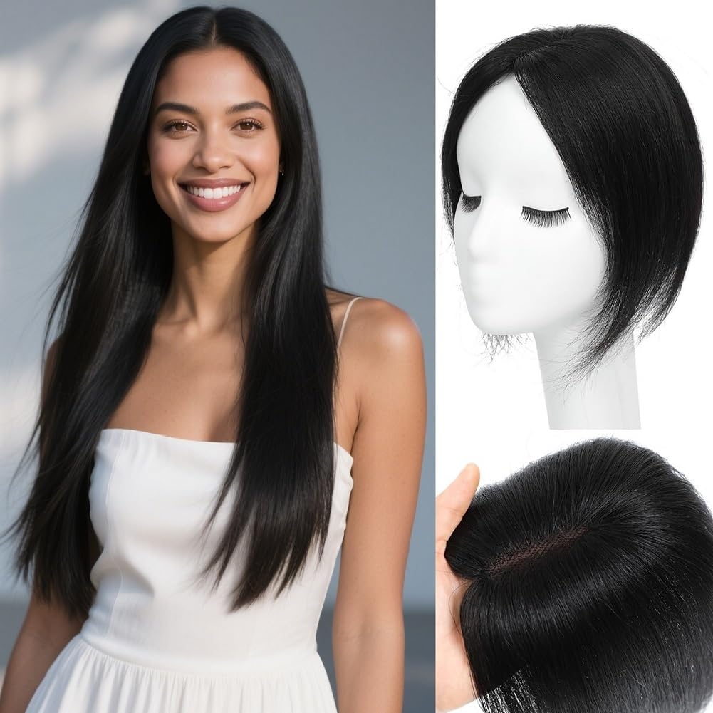 Hair Toppers for Women Real Human Hair 12inch 13x14cm(5.1x5.5inch) Swiss Base 360°3D With Thinning Upgrade Middle Part Clip in Wispy Bnags (Natural Black,Side) BL-13X14 Side Black