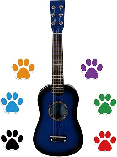 Guitarra azul para niños de 23 pulgadas para principiantes acústicos con 50 calcomanías de huellas de pata