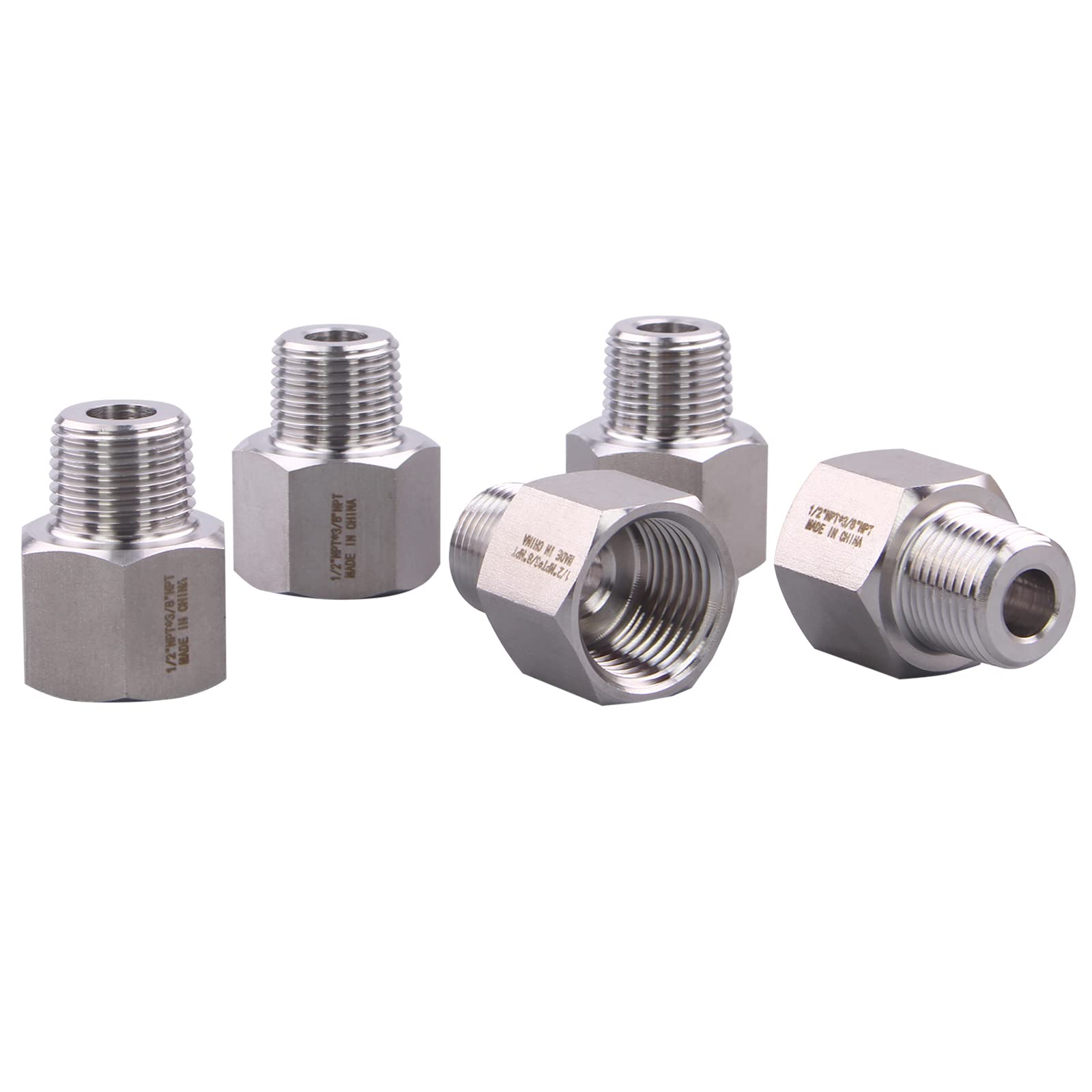 Forged Reducer Adapter Fitting - Stainless Steel 304 Reducing Pipe Connector, 1/2" NPT Female x 3/8" NPT Male (pack of 5)