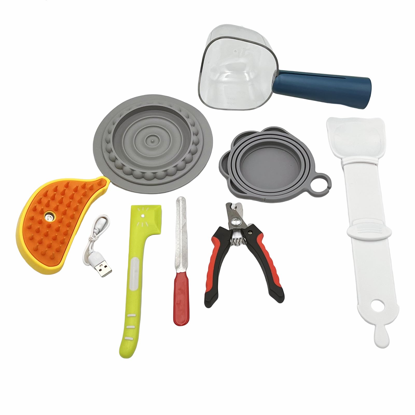 Kit de alimentos para el aseo de mascotas, juego de 8 piezas de suministros para latas de perros y gatos, cepillo de vapor, cortaúñas y lima, cuchara de comida para mascotas, cuchara de