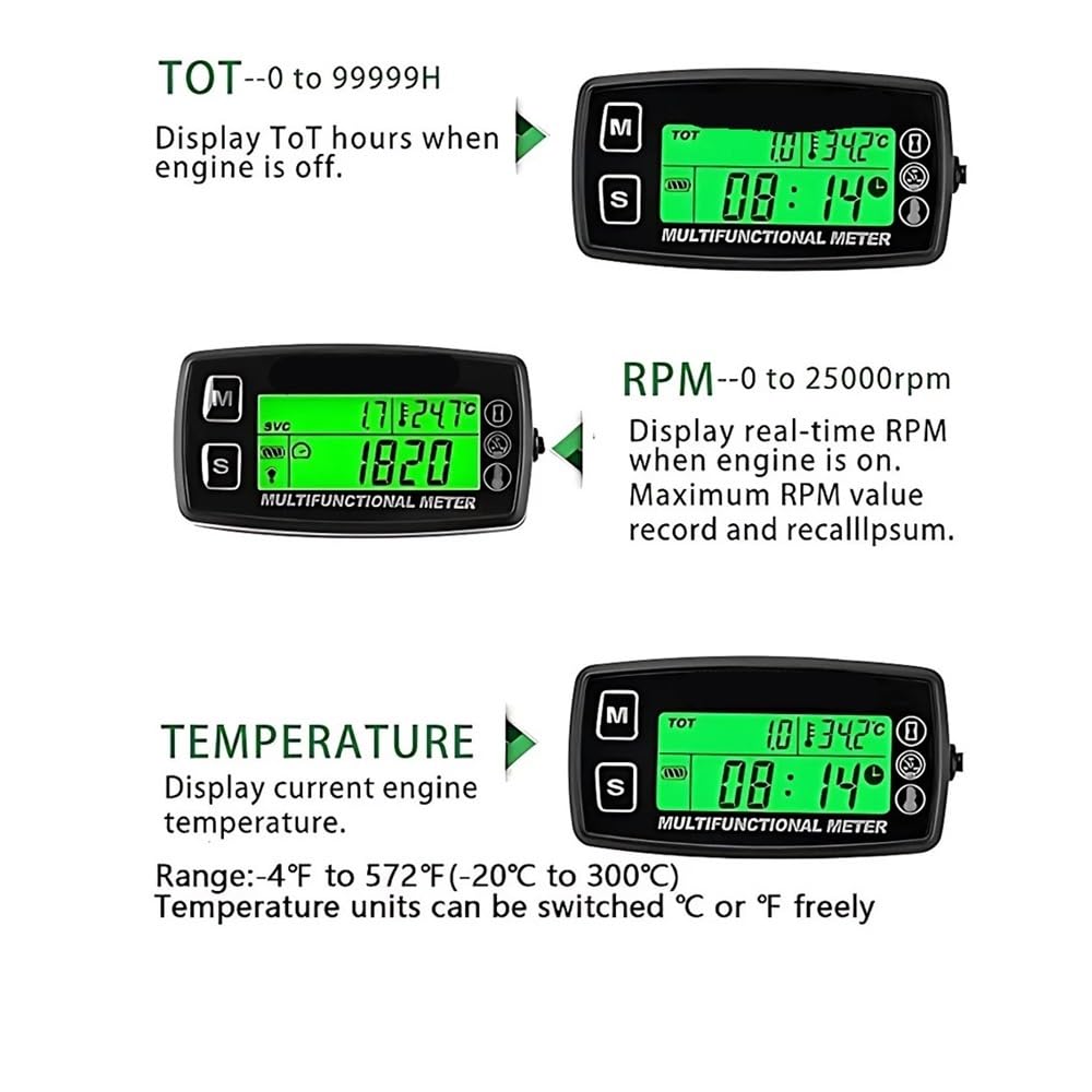 Tacómetro digital, tacómetro digital para motocicleta, medidor de tacómetro inductivo reiniciable, termómetro de horas de temperatura para barcos, motores de gasolina, vehículos todo terreno marinos