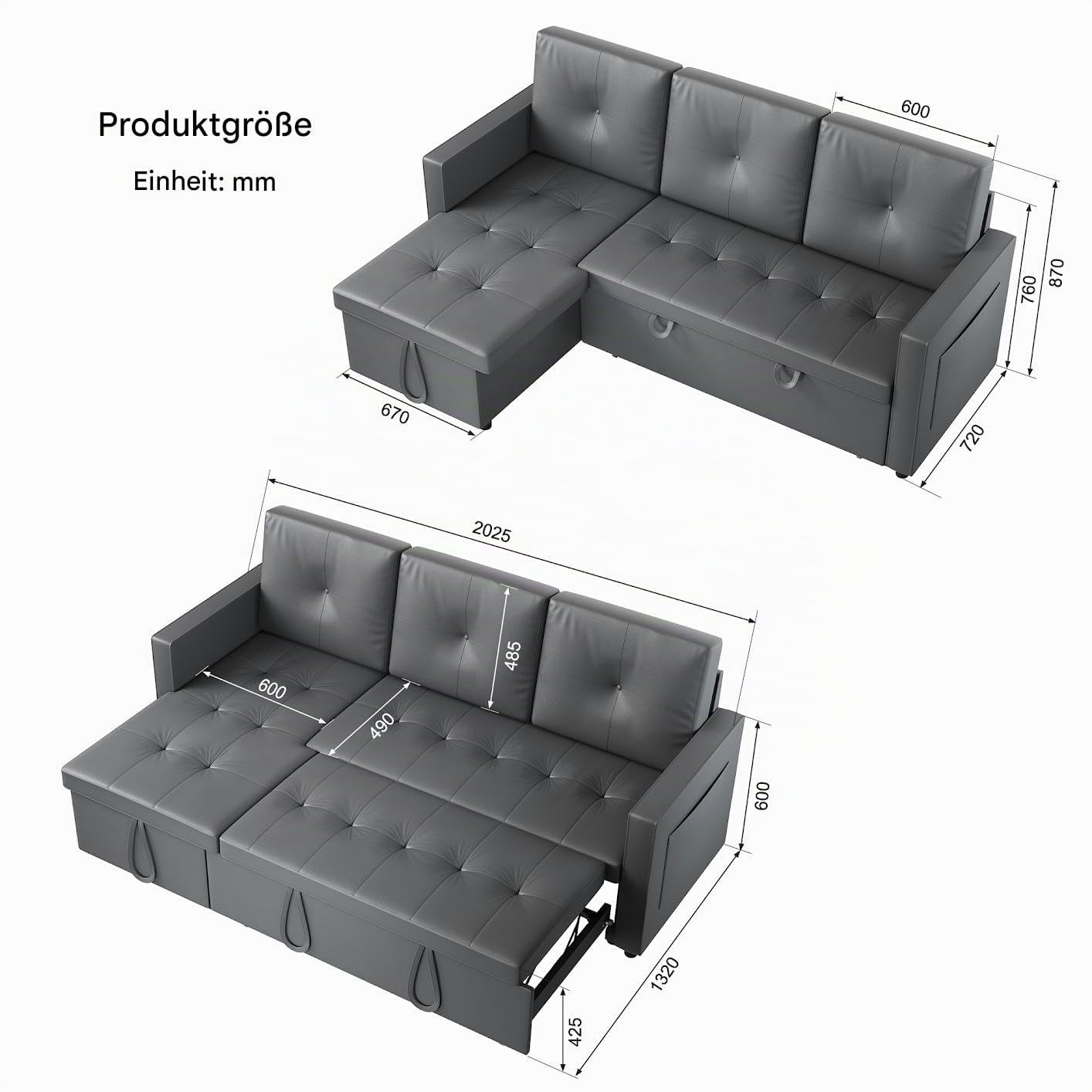 Eck-Schlafsofa 3-Sitzer mit Stauraum und praktischen Laufrollen Dunkelgrau | mit Geräuschlose Laufrollen und Integrierter Stauraum Katzenkratzfestes Kunstleder Dunkelgrau für Wohnzimmer