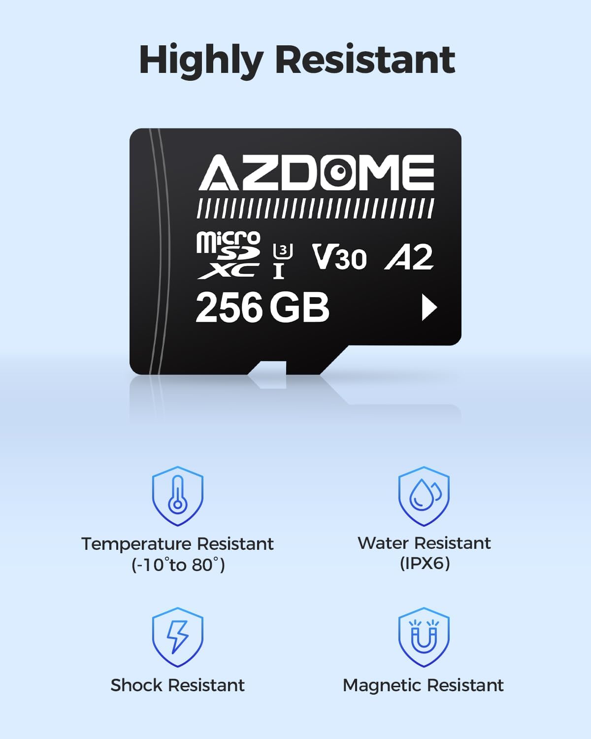 Icons representing the resistance features of AZDOME Micro SD card: temperature, water, shock, and magnetic.