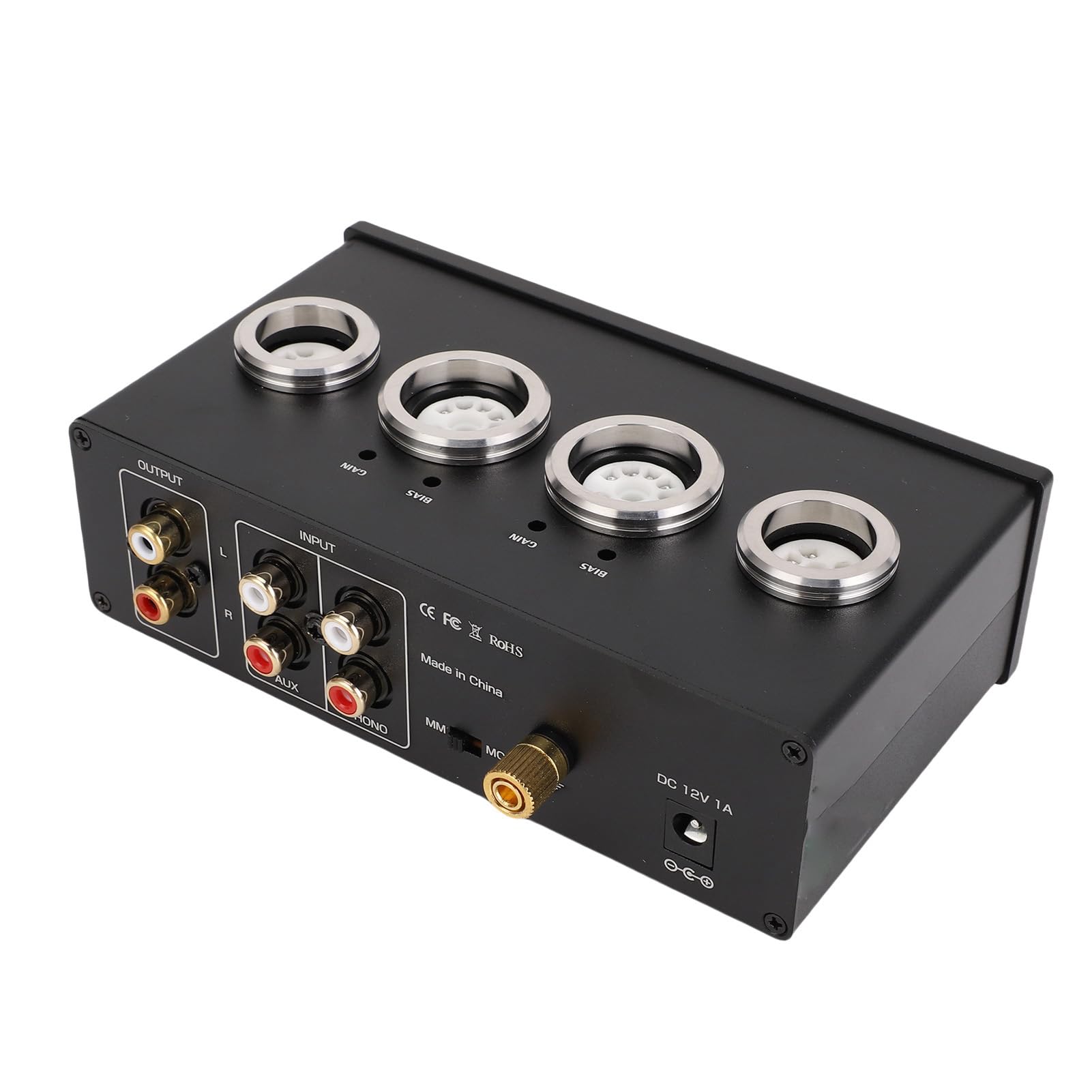 Preamplificatore Valvolare Preamplificatore Fono con Tubi 6E2 6A2 Mm MC Phono Ingresso AV Controllo Bassi Alti Jack per Cuffie da 3,5 Mm per Giradischi (Spina UE 100‑240 V)