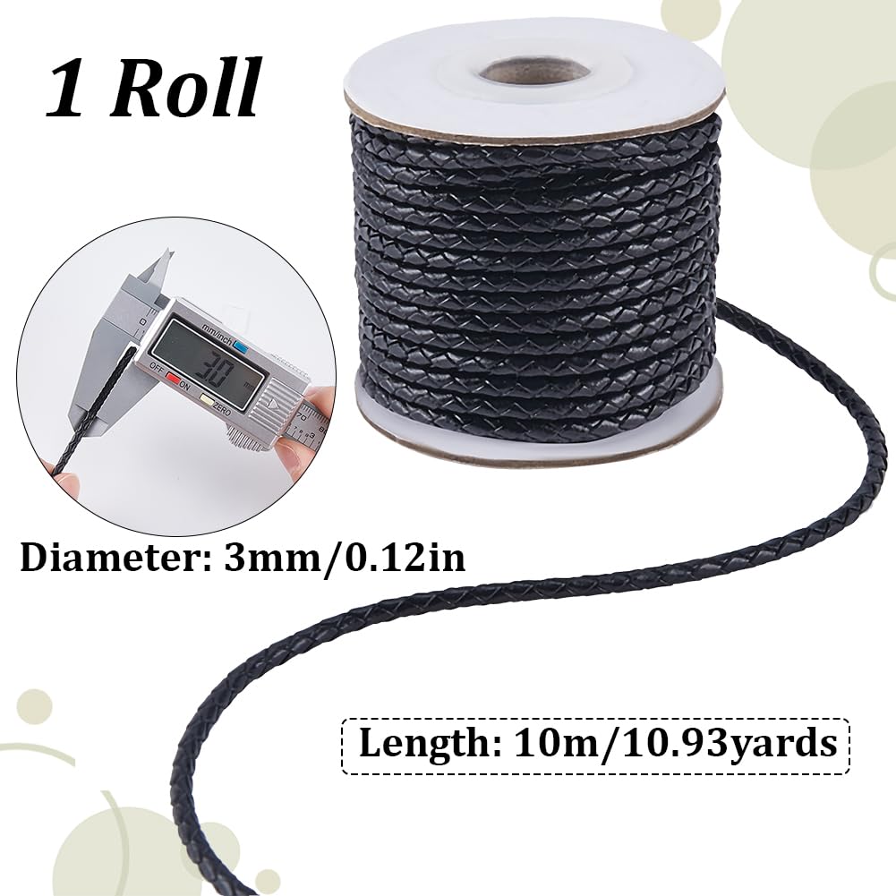 SUNNYCLUE 11 Yards/10M Black Braided Leather Cord Bolo Leather Cord Rope 3mm Round Cowhide Leather Folded Braiding Tie Strap Cords for Jewellery Making Necklaces Bracelets Lanyards Supplies DIY Crafts - Image 2