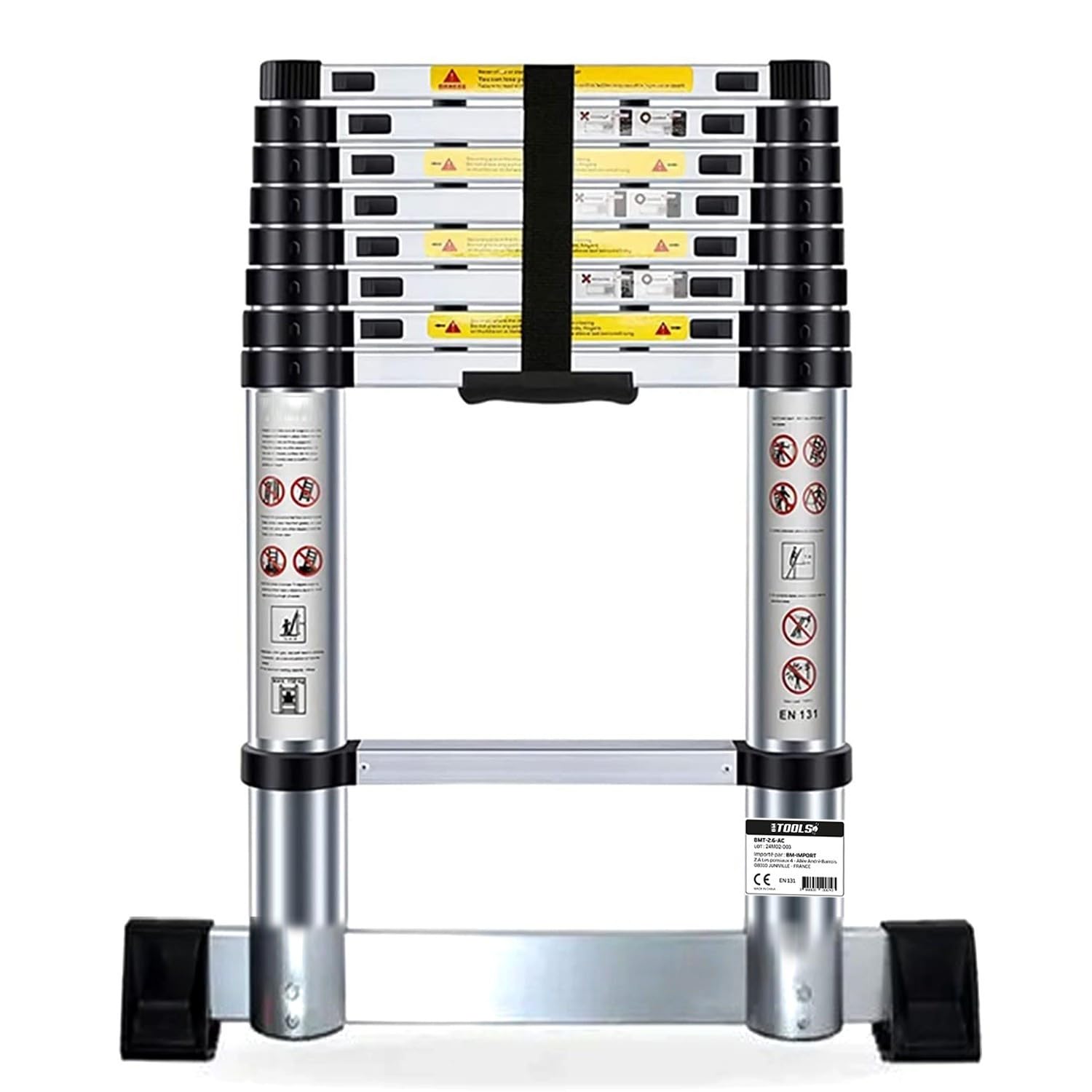 Échelle Télescopique BM TOOLS 2,6M en ALU avec stabilisateur - Charge 150kg Pliable Extensible Unique Droite Multi-Fonction