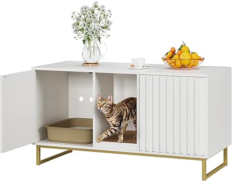 Cat Litter Box Enclosure for 2 Cats, 47.6 Litter Box Furniture Hidden with Scratch Pad, Double Room Large Cat Cabinet, Indoor Pet House TV Stand Side Table,Cats Washroom, White