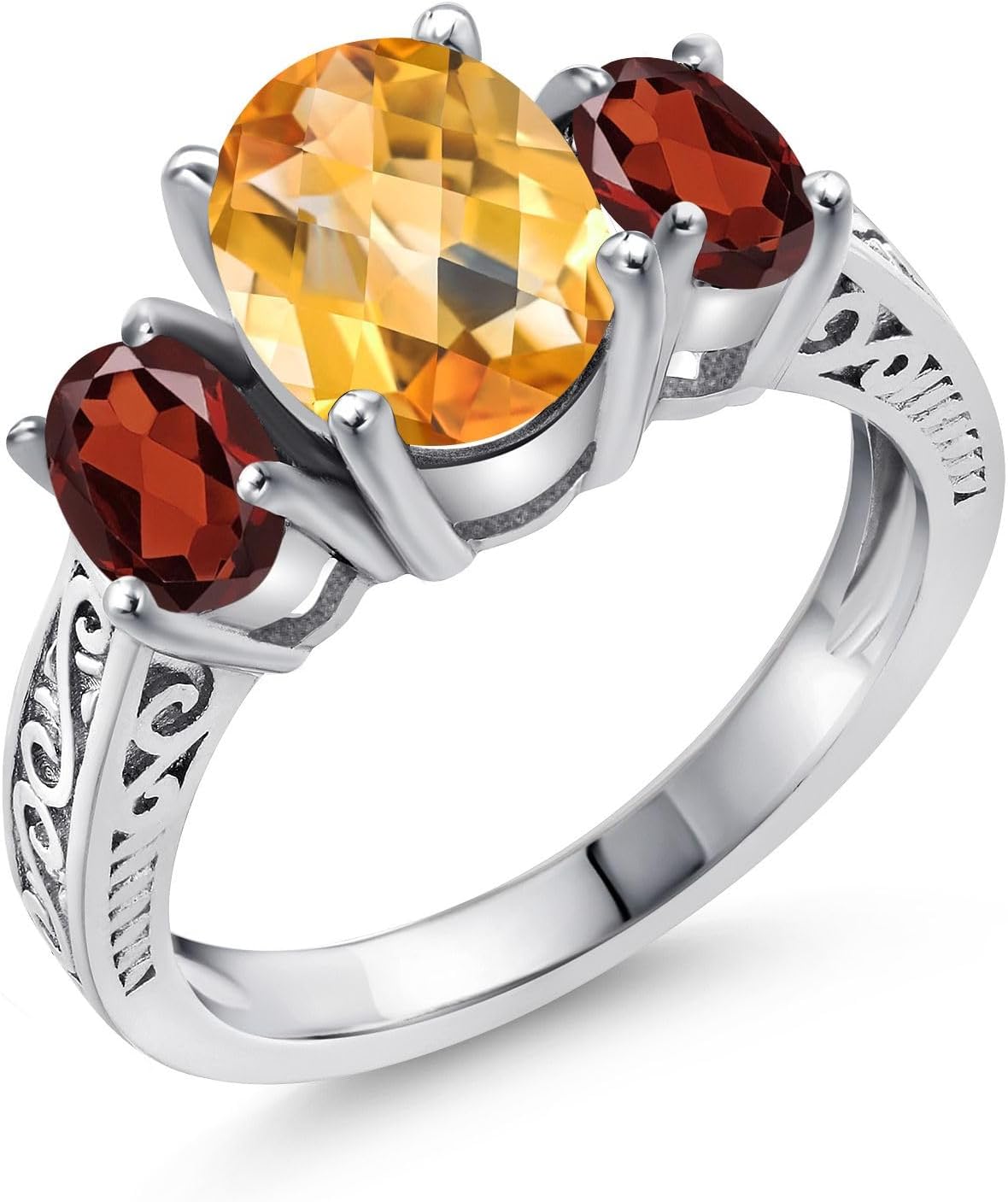 Gem Stone King 2.70 Cttw Oval Checkerboard Yellow Citrine and Red Garnet 3-Stone Ring for Women | 925 Sterling Silver | Gemstone Birthstone | 3 Stone Wedding Engagement Anniversary Ring