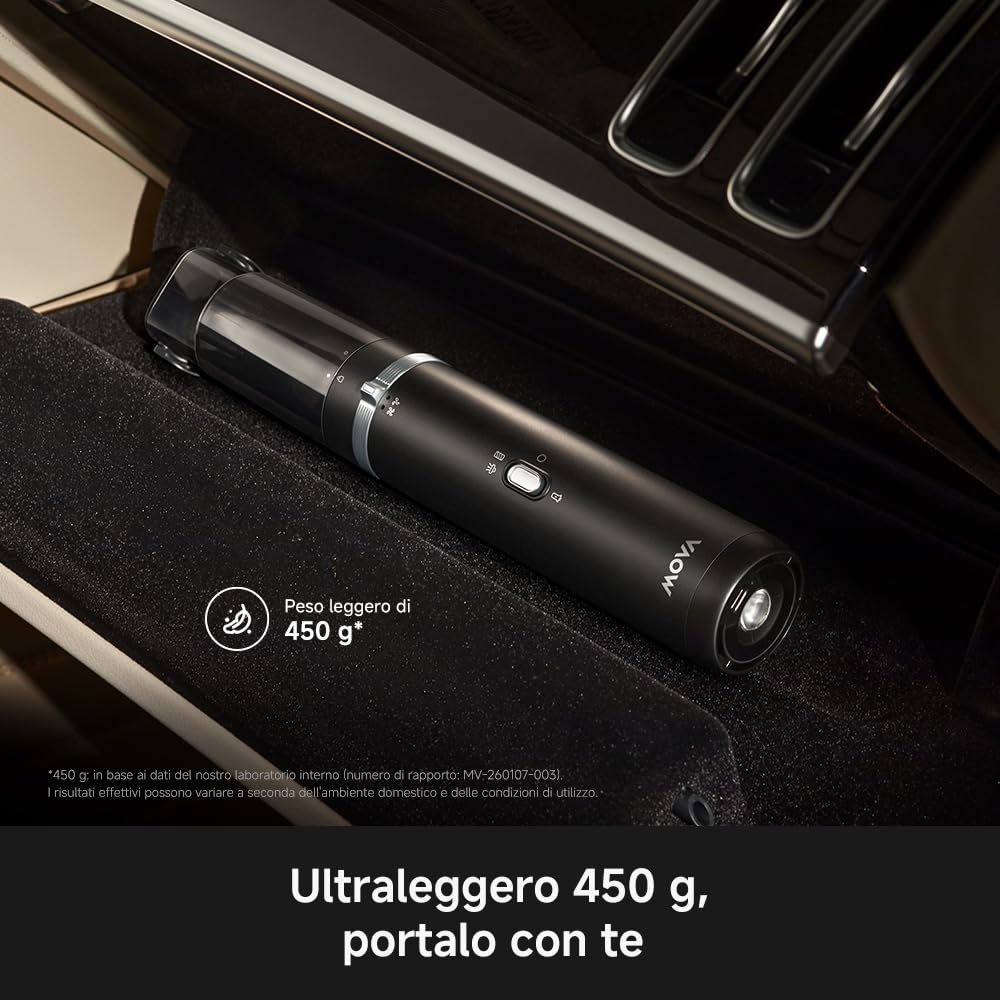 Aspirapolvere Portatile Multifunzionale MOVA H1, 18.000 Pa. 3 In 1 Spia Magnetica, Martello & Torcia Emergenza. 450G, 2 Modalità, filtrazione efficiente. Sicuro fino a 75 °C per ogni pulizia domestica