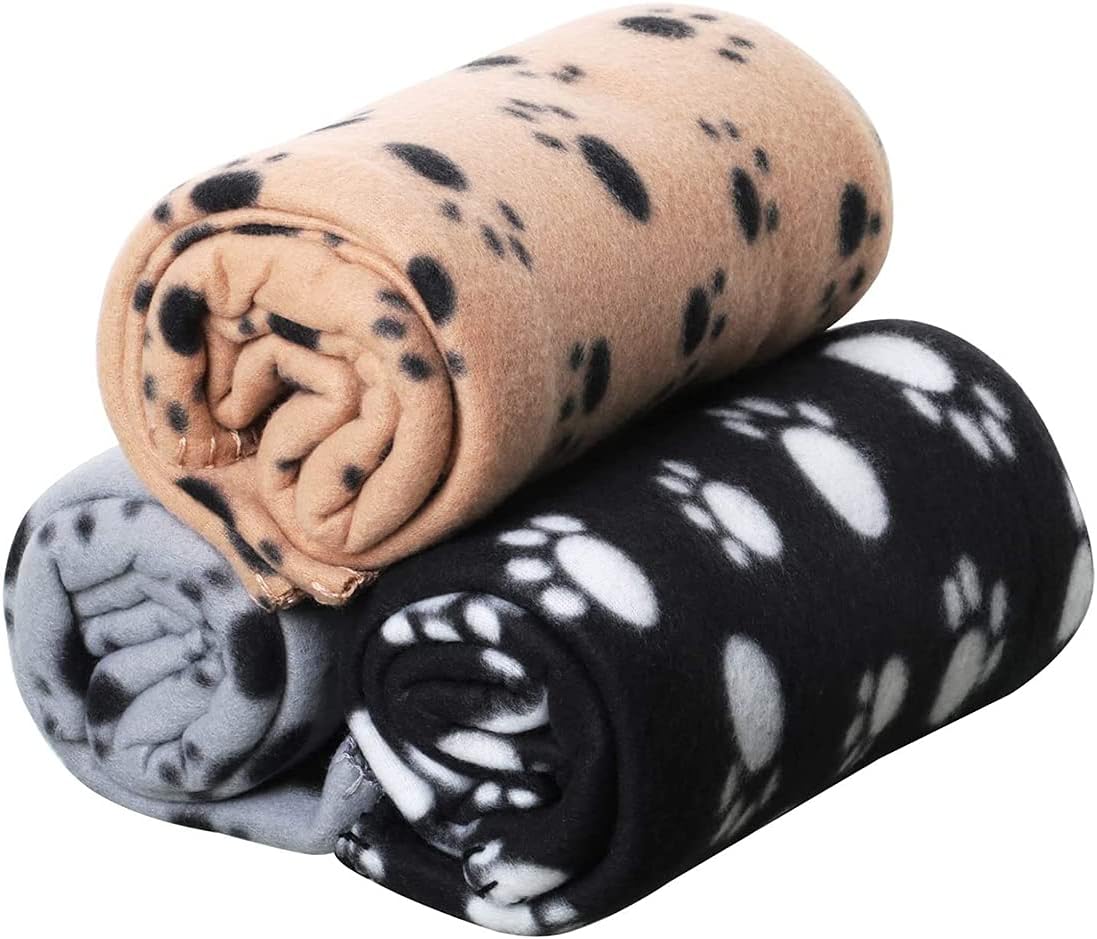 DELFINO Pet Blankets Soft Dog Cat Fleece Blankets Extra Large Plush Throws Dog Cat New Pet Touch Soft Fleece Large Pet Blankets Kittens Paws Pack of 3 Khaki Grey and Black 100cm x 70cm