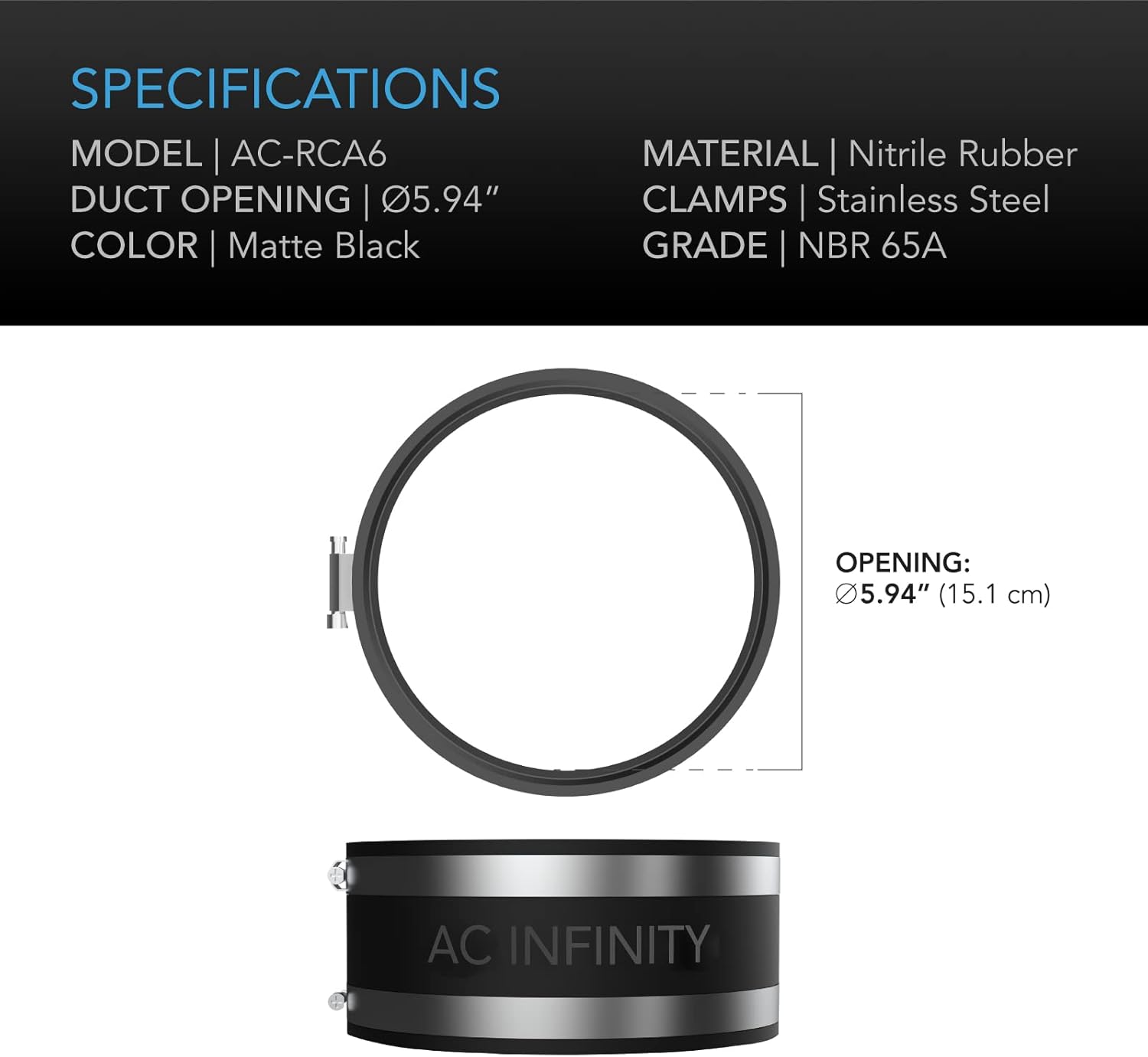 AC Infinity Noise Reduction Clamp 6-Inch, Duct Coupler with Stainless Steel Clamps, Flexible Rubber Coupling for Inline Fans and Carbon Filters in Growing and HVAC (Pack of 2)