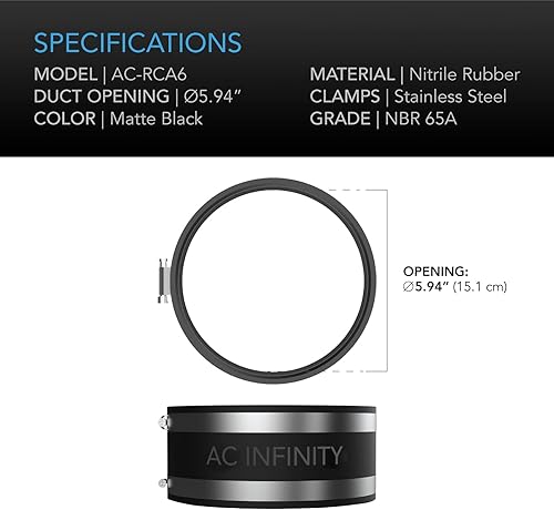 Miniatura 10 de AC Infinity Abrazadera de reducción de ruido de 4 pulgadas, acoplador de conducto con abrazaderas de acero inoxidable, acoplamiento de goma flexible