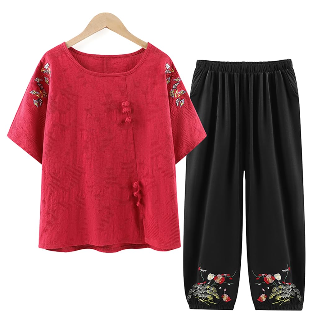 Qpzk Women's Red Tang Suit Hanfu Chinese Traditional Clothing Adult Older Tai Chi Uniform For Martial Arts Kung Fu Clothing Short Sleeve Coat And Trousers -Xl
