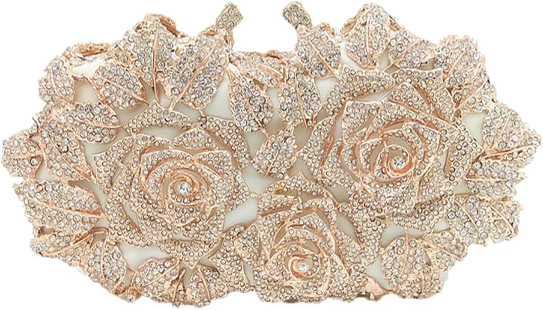 Elegant Women Rose Flower Rhinestone Clutch Handbag Crystal Evening Bag Chain Purse for Wedding Party Cocktail