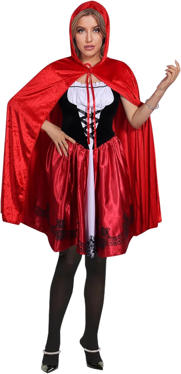 Women Little Red Hood Costumes Halloween Party Dresses with Hooded Cloak Long Cape Outfit Set Cosplay Fancy Dress up - Image 3