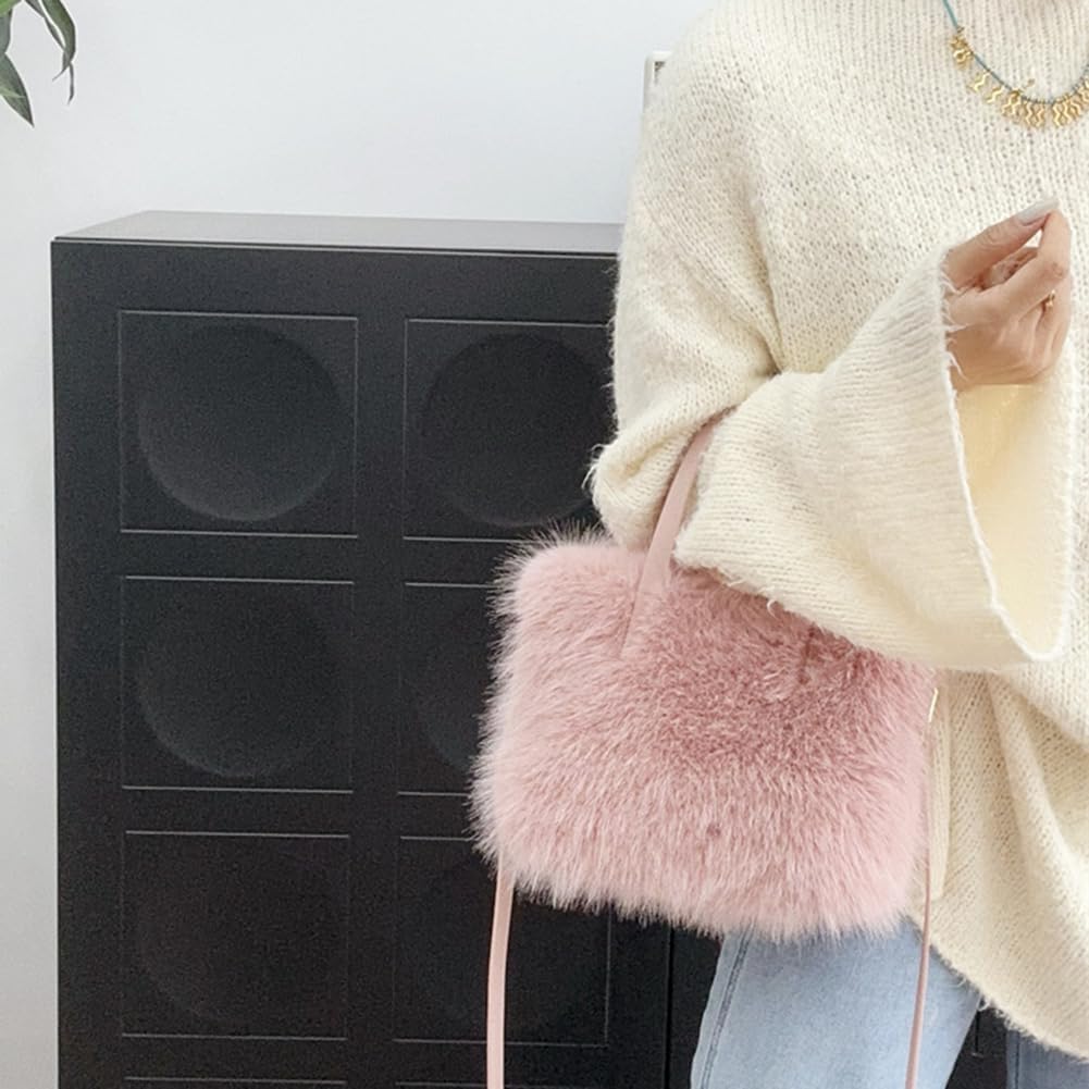 Women Faux Shoulder Bag Fluffy Clutch Purse Adjustable Strap Mini Tote Bag Solid Color Satchel Purse for Travel Party