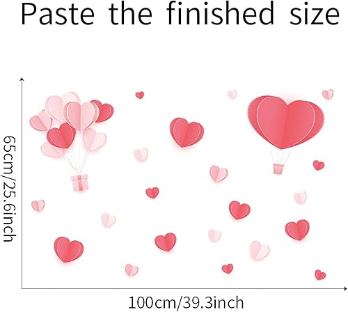 Miniatura 6 de Adhesivos de pared de globo aerostático de corazón rosa, calcomanías de pared románticas de sacinora San Valentín, vinilo extraíble para boda,