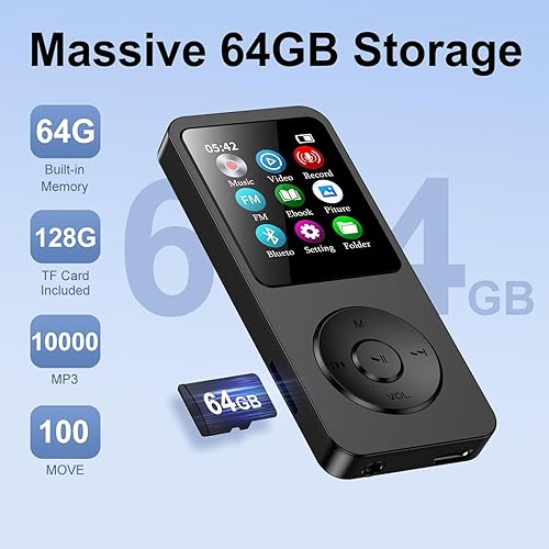 Miniatura 5 de Reproductor de MP3 de 64 GB con Bluetooth 5.3, pantalla de 1.8 pulgadas, reproductor de música portátil con altavoz, radio FM, grabadora de voz,
