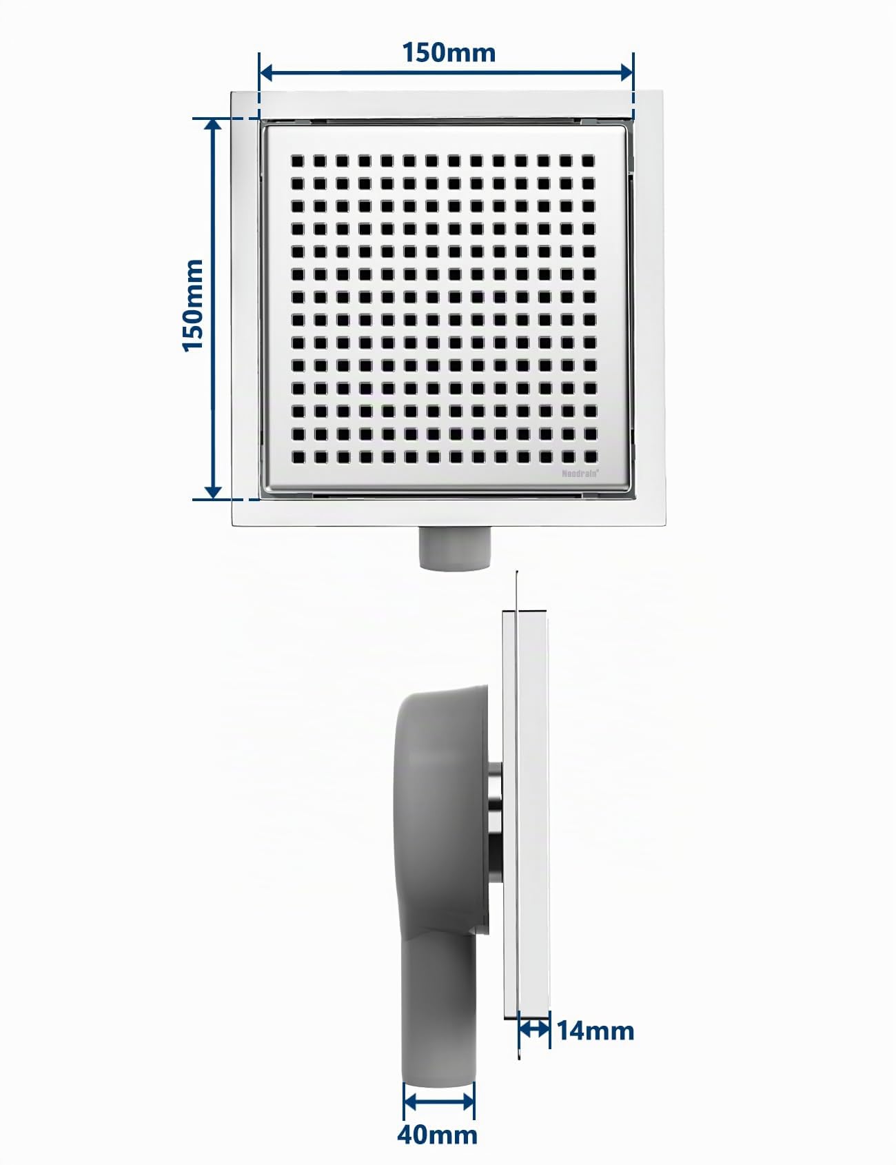 Neodrain Caniveau de Douche en Acier Inoxydable 360° Siphon, Odeur et Filtre de Cheveux pour Salle de Bain, Extérieur, 15 x 15 cm