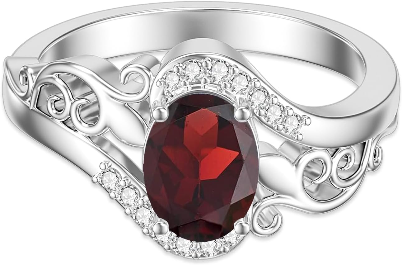 1.5Ct Oval Cut Birthstone with Moissanite Personazlized Name Ring 925 Sterling Silver Birthstone with Filigree Anniversary Engagement Ring for Women Gifts Size 5-12