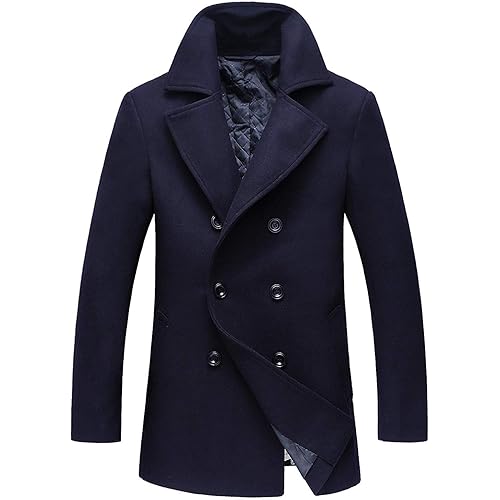 chouyatou Men's Classic Notched Collar Double Breasted Wool Blend Pea Coat
