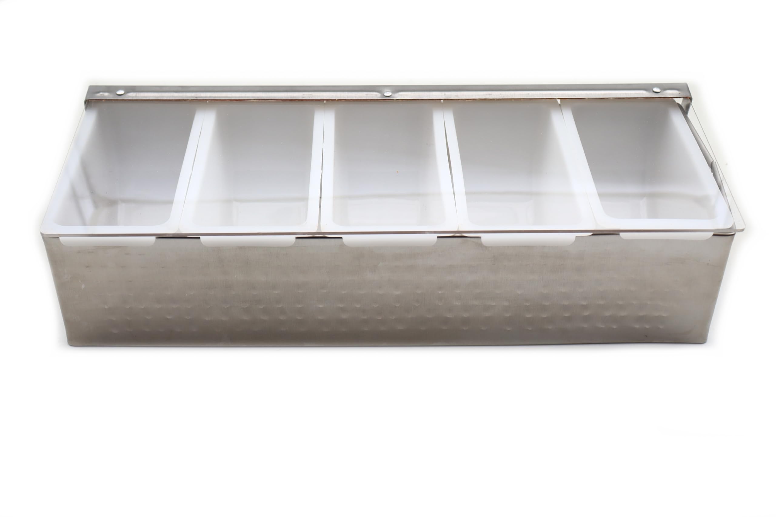Porta Condimenti 5 Vaschette in Acciaio Inox Martellato, Dispensatore di Condimenti, Contenitore Portacondimenti con Coperchio Pizza Bar , Vassoio per Frutta Contorno e Condimento (5 scomparti)