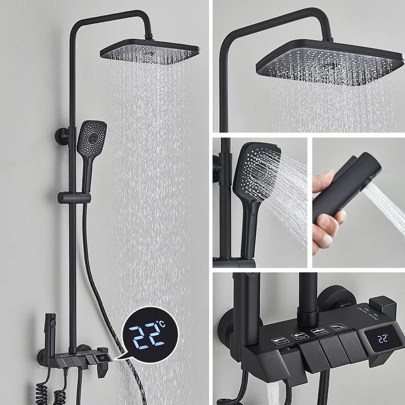 Robinet de salle de bain numérique contre les variations de température avec douche cascade noire - 6