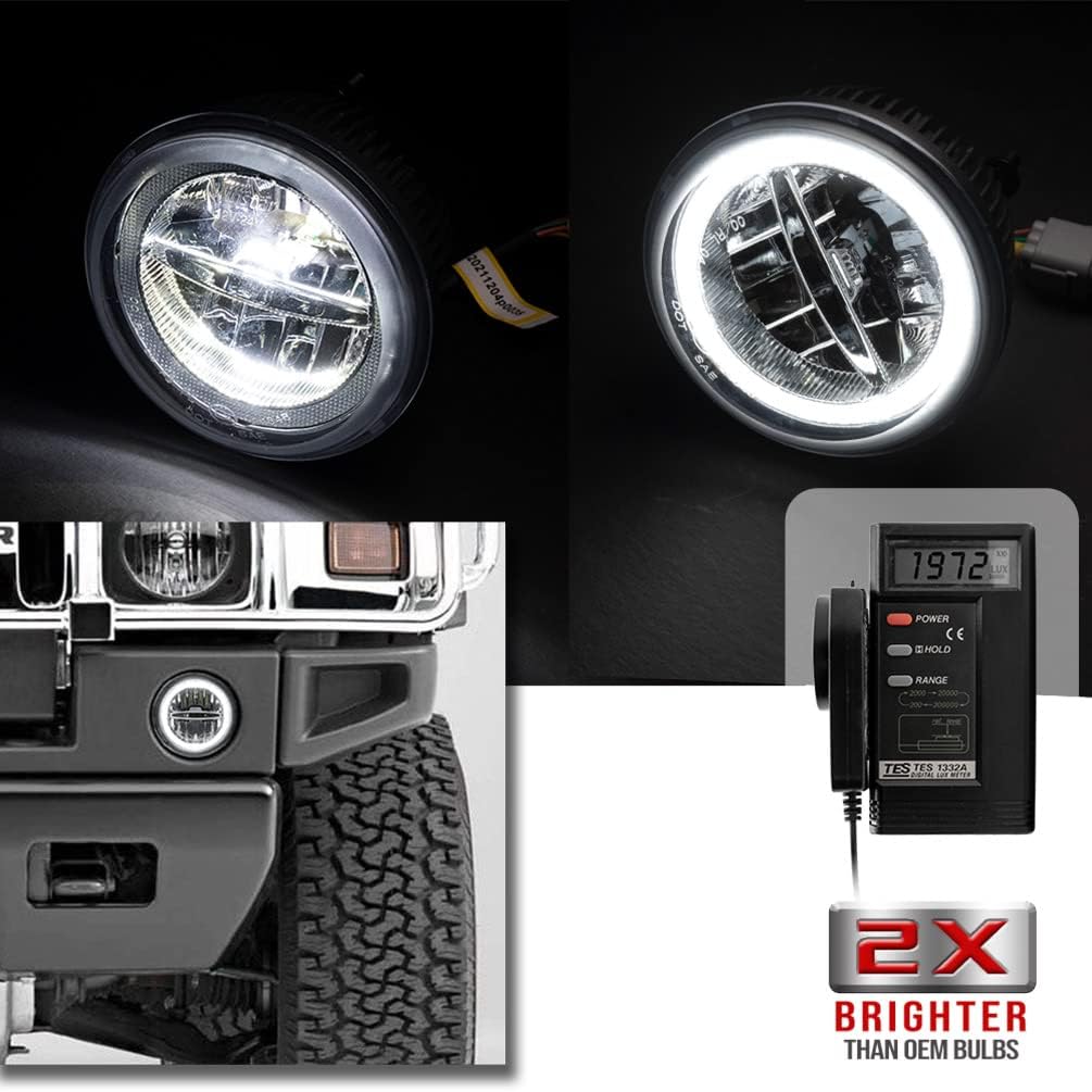 H2 LED Fog DRL Daytime Running Lamp Light Assembly for H-ummer H2 2003 2004 2005 2006 2007 2008 2009 12V/10W Xenon White LED Halo Ring Driving Running Lights Lamps CE/E4/RoHs OEM 15258697 15205899