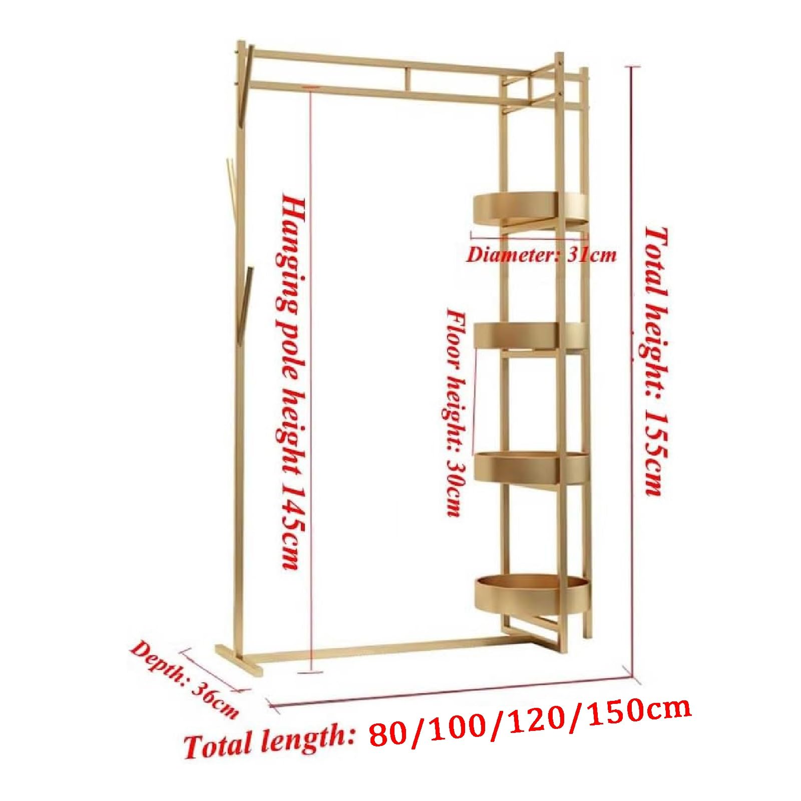 Perchero para ropa, perchero para colgar ropa, perchero para colgar ropa, estante de metal moderno para el hogar, ropa, dorado, 120 x 36 x 155 cm