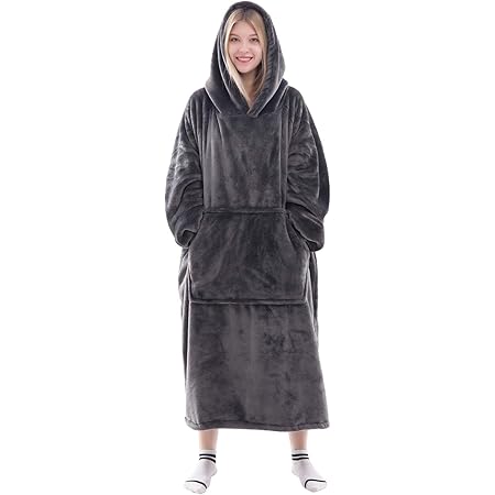 Waitu Wearable Blanket Sweatshirt Gifts for Women and Men, Super Warm and Cozy Giant Blanket Hoodie, Thick Flannel Blanket with Sleeves and Giant Pocket - Dark Gray